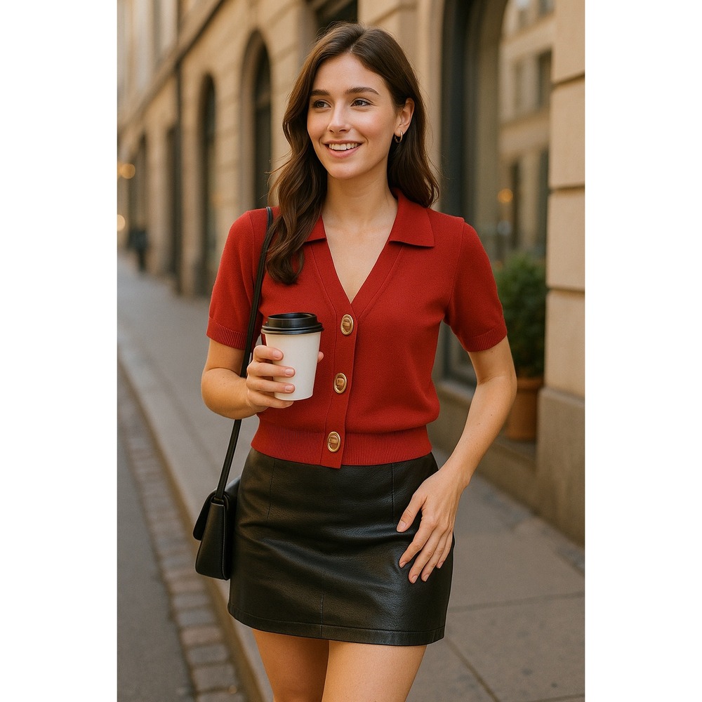 Commense Red Knit Top with‎ Gold Button Detail Short Sleeve Collared Shirt S